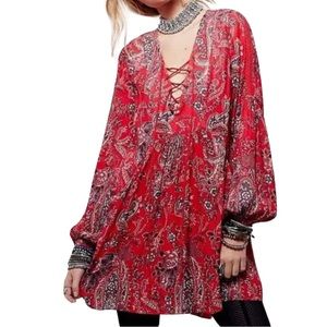 FREE PEOPLE Red Lace Up Long Sleeve Tunic